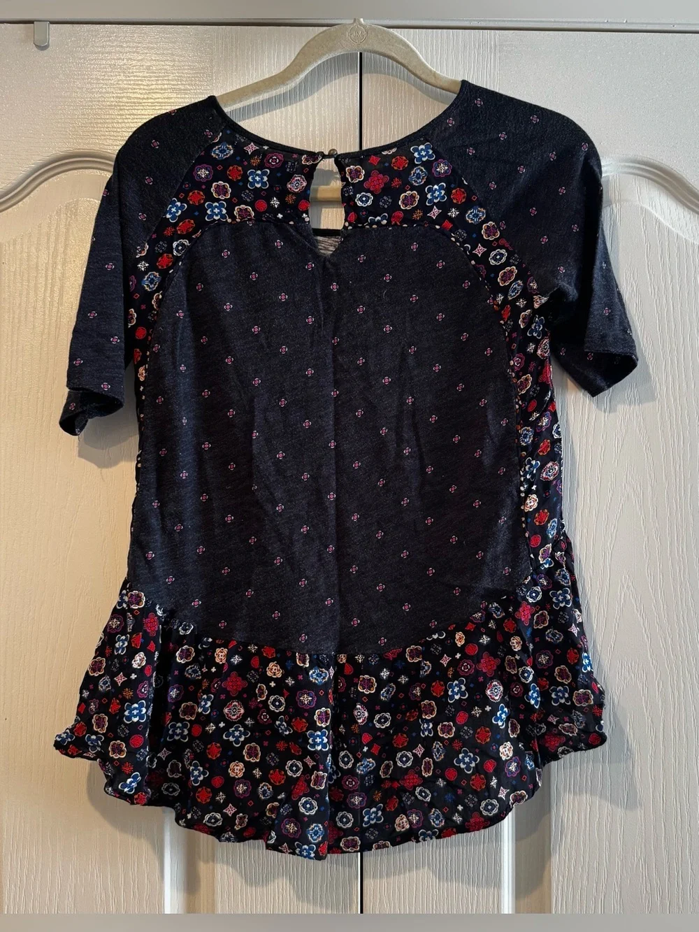 Anthropologie Navy Floral Peplum Short Sleeve Blouse - Size XS